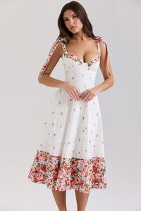 Damen Midi Kleid mit Herzausschnitt Bindeträgern und Blumenmuster in Weiß