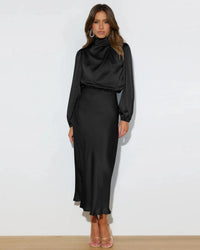 Damen Midi-Kleid mit Rollkragen und Ballonärmeln mit elastischem Bund in Schwarz