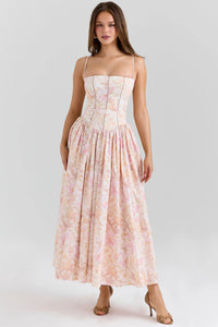 Damen Midi-Kleid mit Spaghettiträgern und Korsett-Nähten am Oberteil in Rosa mit großen Blumen