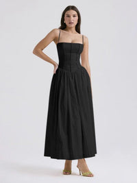 Damen Midi-Kleid mit Spaghettiträgern und Korsett-Nähten am Oberteil in Schwarz