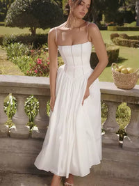 Damen Midi-Kleid mit Spaghettiträgern und Korsett-Nähten am Oberteil in Weiß