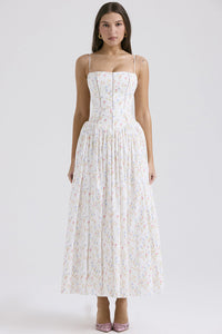 Damen Midi-Kleid mit Spaghettiträgern und Korsett-Nähten am Oberteil in Weiß mit Druck