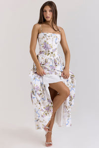 Damen Midi-Kleid mit Spaghettiträgern und Korsett-Nähten am Oberteil in Weiß mit großen Blumen