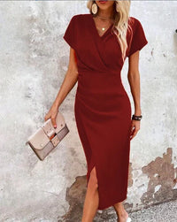 Damen Midi-Kleid mit V-Ausschnitt und Kurzärmeln mit Vorderschlitz in Burgund