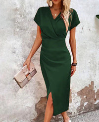 Damen Midi-Kleid mit V-Ausschnitt und Kurzärmeln mit Vorderschlitz in Grün