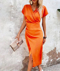 Damen Midi-Kleid mit V-Ausschnitt und Kurzärmeln mit Vorderschlitz in Orange