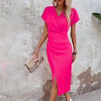 Damen Midi-Kleid mit V-Ausschnitt und Kurzärmeln mit Vorderschlitz in Rosa