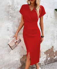 Damen Midi-Kleid mit V-Ausschnitt und Kurzärmeln mit Vorderschlitz in Rot