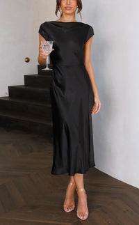 Damen Midi-Kleid mit Wasserfallausschnitt und Kappenärmeln mit seitlichem Schlitz in Schwarz