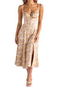 Damen Midikleid im Korsettstil mit Blumenmuster in Gelb