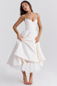 Damen Midikleid mit Bustier-Oberteil Spaghettiträgern Spitzenbesatz am Ausschnitt und Tellerrock mit Seitentaschen in Weiß