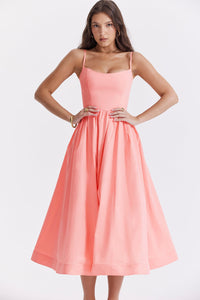 Damen Midikleid mit geradem Ausschnitt und Spaghettiträgern mit Taillenaht und weitem Rock in Rosa