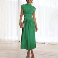 Damen Midikleid mit gerafftem Oberteil Kappenärmeln und seitlichen Taillenausschnitten in Grün