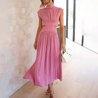 Damen Midikleid mit gerafftem Oberteil Kappenärmeln und seitlichen Taillenausschnitten in Rosa