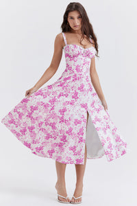 Damen Midikleid mit Herzausschnitt und breiten Trägern mit Ziernähten am Oberteil und Blumenmuster in Rosa
