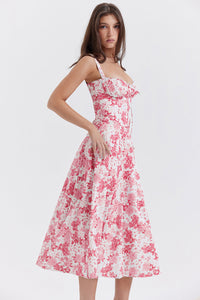 Damen Midikleid mit Herzausschnitt und breiten Trägern mit Ziernähten am Oberteil und Blumenmuster in Rot