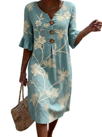 Damen-Midikleid mit Knöpfen und Blumenstickerei in Blau