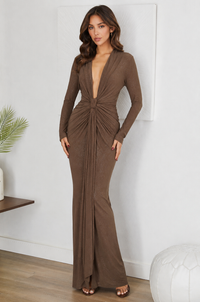 Damen-Midikleid mit langen Ärmeln und Twist-Detail in Braun