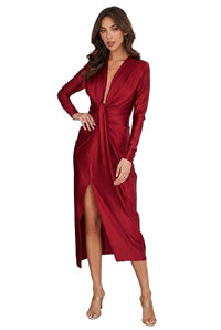 Damen-Midikleid mit langen Ärmeln und Twist-Detail in Rot