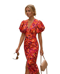 Damen-Midikleid mit Puffärmeln in Orange