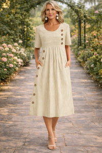 Damen Midikleid mit Rundhalsausschnitt kurzen Ärmeln Streifenmuster und Seitentaschen in Beige