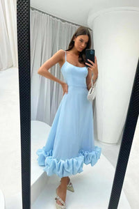 Damen Midikleid mit Spaghettiträgern Gerader Halspartie und Rüschensaum in Blau