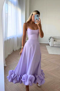 Damen Midikleid mit Spaghettiträgern Gerader Halspartie und Rüschensaum in Lila
