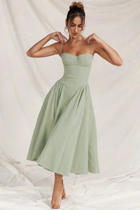 Damen Midikleid mit Trägern und strukturiertem Oberteil in Hellgrün