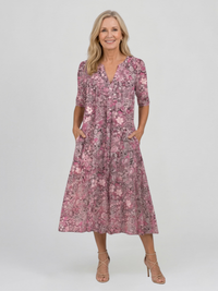 Damen Midikleid mit V-Ausschnitt Dreiviertelärmeln und Blumenmuster in Rosa