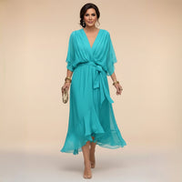 Damen-Midikleid mit V-Ausschnitt und Bindegürtel in Marineblau