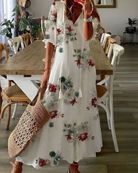 Damen Midikleid mit V-Ausschnitt und Quastenbändern sowie Kurzen Puffärmeln und Stufenrock in Weiß