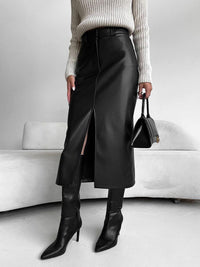 Damen Midirock mit Frontschlitz und Gürtelschlaufen in Schwarz