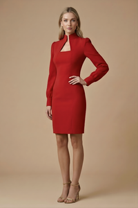 Damen Mini Kleid mit langen Ärmeln, Stehkragen und Ausschnittdetail in Rot