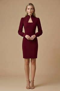 Damen Mini Kleid mit langen Ärmeln, Stehkragen und Ausschnittdetail in Dunkelrot