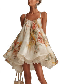 Damen-Minikleid aus Organza mit Blumenmuster in Beige