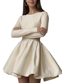 Damen Minikleid mit langen Ärmeln, Rundhalsausschnitt und ausgestelltem Rock in Beige