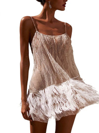 Damen-Minikleid mit Verzierungen und Federbesatz in Beige