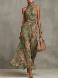 Damen Nackenband Ärmellos Maxi Kleid mit Blumenprint und Taillenbund in Grün mit Blumenprint