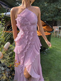 Damen Nackenträger-Midikleid mit Plissee und Vertikalem Rüschenbesatz in Lila