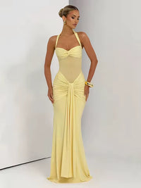 Damen Neckholder Maxikleid mit halbtransparentem Einsatz und Knotenpartie in Gelb