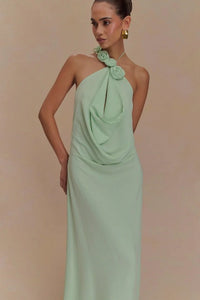 Damen Neckholder Maxikleid mit Rosenapplikationen und offenem Rücken in Grün