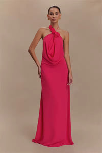 Damen Neckholder Maxikleid mit Rosenapplikationen und offenem Rücken in Rosa