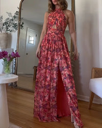 Damen Neckholder-Maxikleid mit Schlüsselloch-Ausschnitt und Blumenmuster mit offenem Rücken und Beinschlitz in Rot mit Blumen