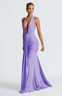 Damen Neckholder Maxikleid mit tiefem V-Ausschnitt und durchgehender Raffung in Lavendel