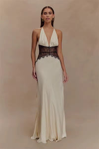 Damen Neckholder Maxikleid mit tiefem V-Ausschnitt und Spitzeneinsatz in Weiß
