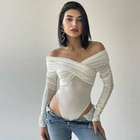 Damen Off-Shoulder-Bodysuit mit Langen Ärmeln Raffung und Überkreuzter Drapierung in Weiß