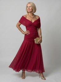 Damen Off-Shoulder Maxi Kleid mit Drapeé-Kragen und Raffbund in Dunkelrot