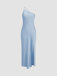 Damen One-Shoulder Satin-Maxikleid mit Schlitz in Blau