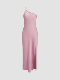 Damen One-Shoulder Satin-Maxikleid mit Schlitz in Rosa
