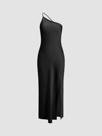 Damen One-Shoulder Satin-Maxikleid mit Schlitz in Schwarz